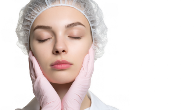 Beautician in pink medical gloves gently touching the face of a young woman with closed eyes and a white cap, promoting skincare and relaxation on a transparent background