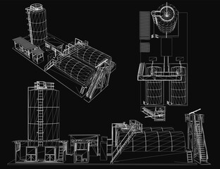 Obraz premium A detailed blueprint of an industrial grain elevator on a black background, showcasing elevators, conveyor belts, and structural components. The technical drawing highlights the complex machinery