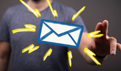 Person interacts with glowing email icon, signifying fast, secure messaging.
