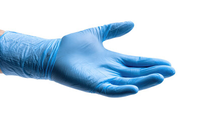 Close up of a hand wearing a blue nitrile glove with the palm open, isolated on a transparent background, ideal for safety and hygiene related projects
