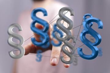 3D rendering of interconnected paragraph symbols, illustrating legal concepts and network.