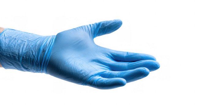 Close up of a hand wearing a blue nitrile glove with the palm open, isolated on a transparent background, ideal for safety and hygiene related projects