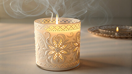 An ultra-realistic, high-resolution image of a  scented candle designed with a finish and light reactive elements.Ideal for concept art, luxury branding, or high-tech home décor showcases.

