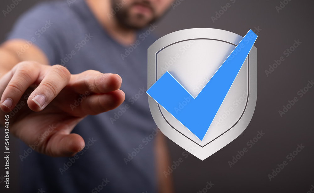 Poster image of a hand reaching for a digital shield with a checkmark, symbolizing data protection and secu