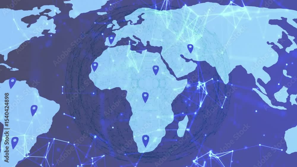 Poster glowing orb pulsing then expanding triggers map forming and pins connecting showing global network