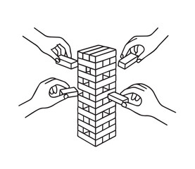 Vector illustration depicting multiple hands delicately removing blocks from a Jenga tower. The image captures the tension and focus inherent in the game, emphasizing teamwork and strategy.