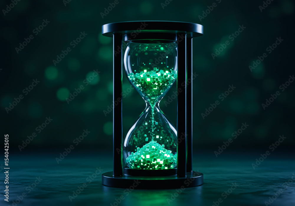Poster glowing green data cube flowing through a modern hourglass. digital information concept and technolo
