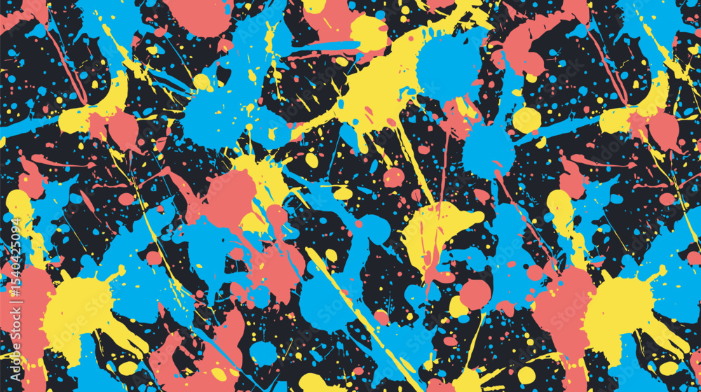 Poster colorful splatters create vibrant splashes across a dark background design