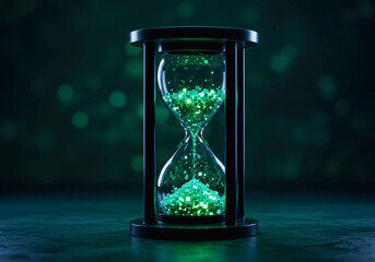 Glowing green data cube flowing through a modern hourglass. Digital information concept and technology time. Online data transfer for internet security.