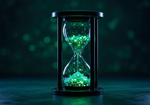 Glowing green data cube flowing through a modern hourglass. Digital information concept and technology time. Online data transfer for internet security.