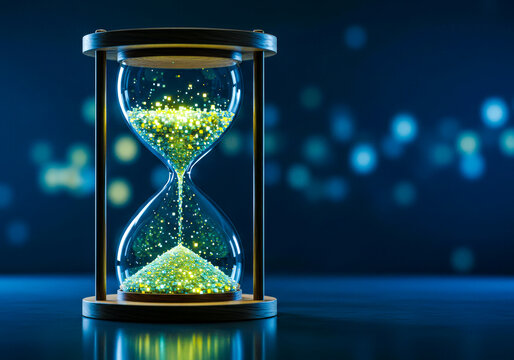 Hourglass with glowing data particles representing digital time passing. Concept of data flow or computing time for technology.