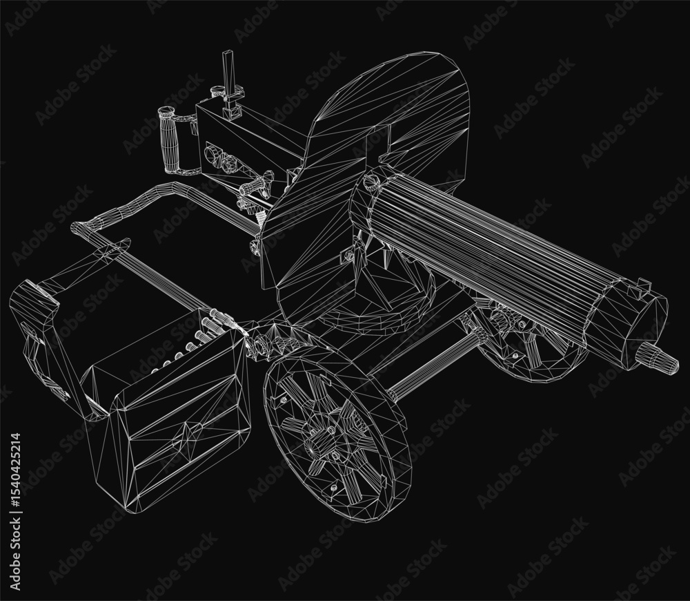 Poster a 3d wireframe model of an old machine gun on wheels, composed of clean white lines against a black 