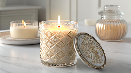 An ultra-realistic, high-resolution image of a  scented candle designed with a finish and light reactive elements.Ideal for concept art, luxury branding, or high-tech home décor showcases.

