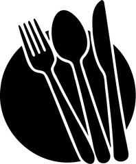 silhouette illustration of spoon, fork, knife and plate, isolated on white
