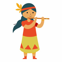 Vector art of a young Indigenous girl playing the flute, traditional clothes and joyful expression, cultural celebration theme, flat design, white background