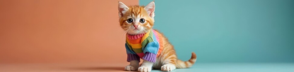 Chubby kitten in rainbow sweater, playful pose , mischief, pet