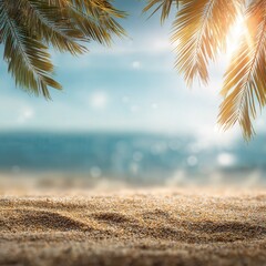 Abstract blur defocused background, nature of tropical summer beach with rays of sun light. Golden sand beach, sea water and palm leaves against sky. Copy space, summer vacation.