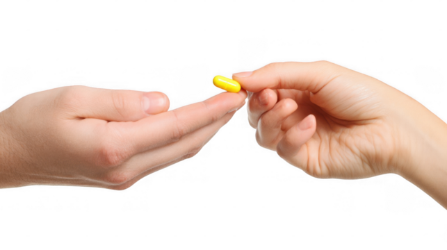 Close up of a doctor's hand giving a yellow pill to a patient's hand, symbolizing medical treatment, healthcare, and pharmaceutical assistance, on a transparent background