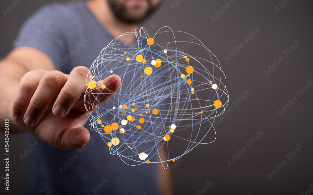 Aufkleber abstract image of a man interacting with a digital globe representing global network connections.