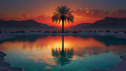 A lonely palm tree in the desert oasis. There is a clear crystal lake in the middle of oasis 