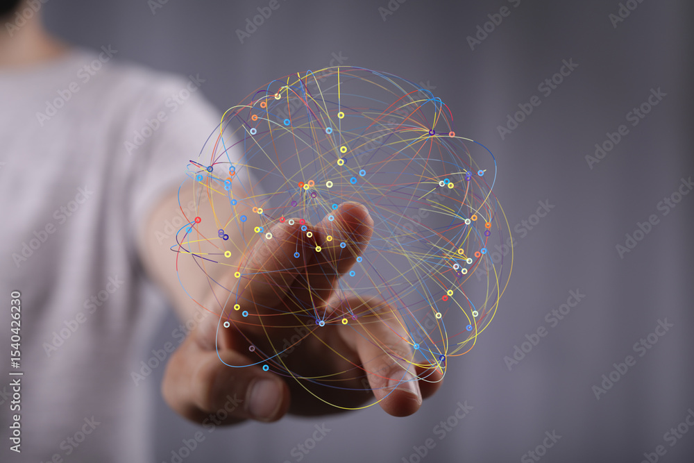 Poster Abstract image of a hand interacting with a digital network. Represents connection, technology, and global communication.