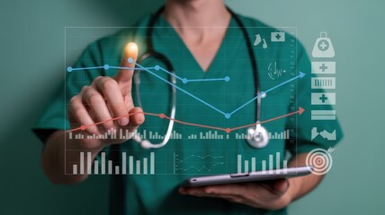 A medical professional interacts with a digital health dashboard displaying data visualizations.
