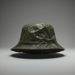 Nylon waterproof bucket hat, olive green, glossy texture, studio lighting
