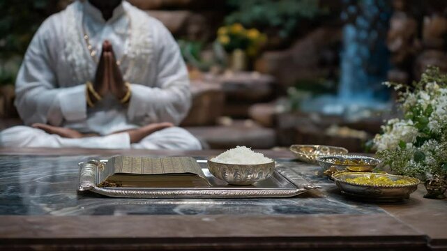 Capture the serene Jain ritual of forgiveness at a temple, showcasing spiritual harmony and tradition.