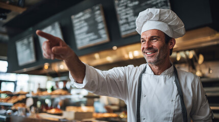 Smiling baker in chef's hat points towards baked goods at his bakery, proud of the selection of freshly baked pastries available