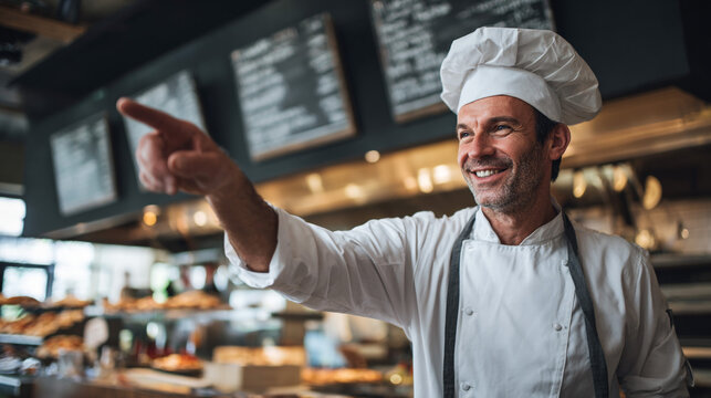 Smiling baker in chef's hat points towards baked goods at his bakery, proud of the selection of freshly baked pastries available