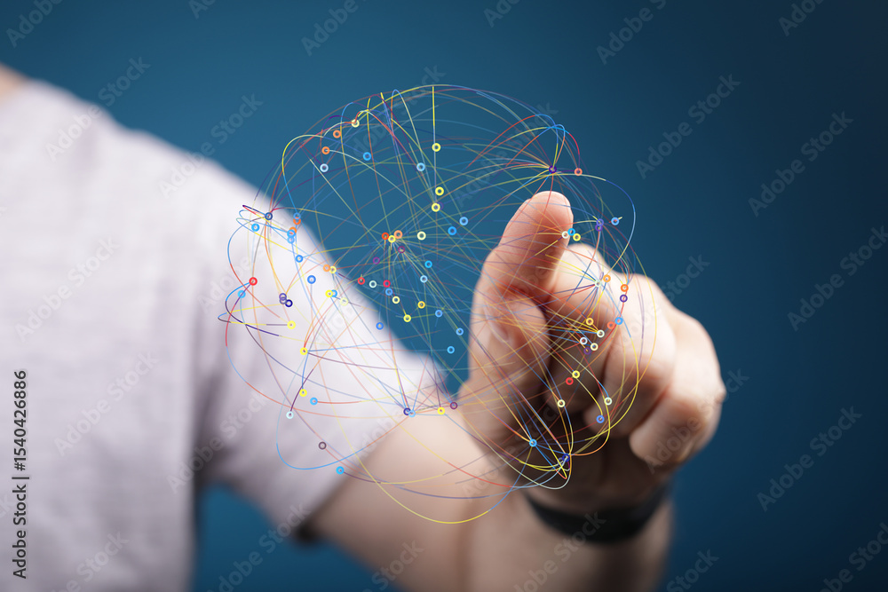 Poster hand interacting with a digital network. represents connection, global communication, and technology