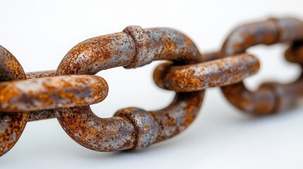 Fototapeta premium Rusty Chain Close Up Textured Metal Links Against White Background
