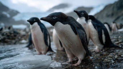 Naklejka premium Penguins in action antarctica wildlife photography icy environment close-up view nature conservation