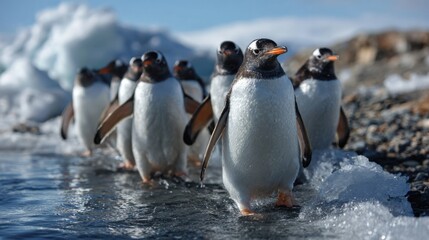 Obraz premium Gentoo penguins marching along the shoreline antarctica wildlife photography icy environment close-up view nature's beauty
