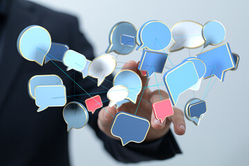 Image of interconnected speech bubbles, symbolizing global communication and networking.