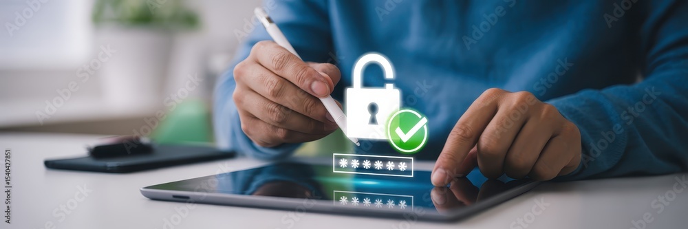Poster person using digital tablet to interact with security lock icon.