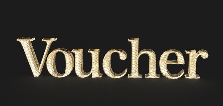 3D rendered gold voucher text. Ideal for discount, sale, or promotion designs.