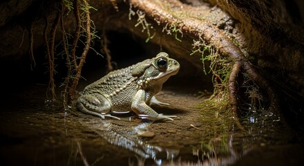 Frog resting by water in natural habitat under roots  