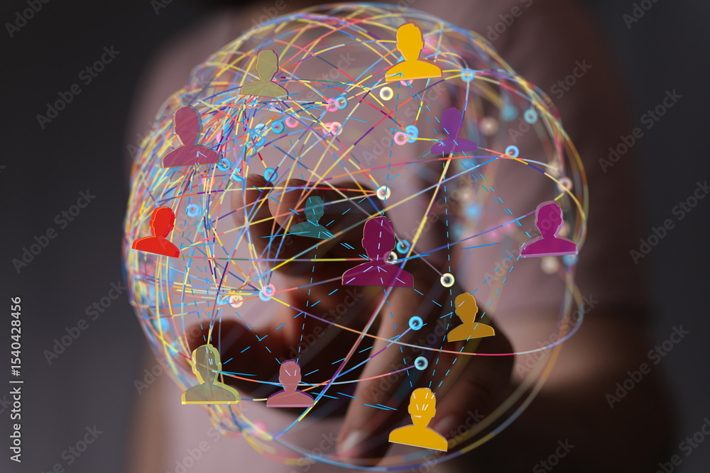 Poster image of a global network, showcasing connections between people across the world.