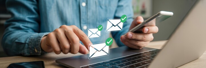 Person interacting with email notifications on laptop and phone.