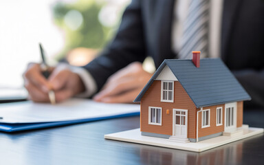 Miniature house model with a professional individual signing documents related to real estate or property purchase