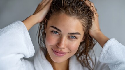 Fototapeta premium Relaxing beauty portrait of a woman in a bathrobe indoor natural light lifestyle photography calm environment