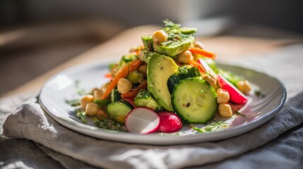 Vibrant fresh salad with cucumbers, radishes, carrots, bell peppers, avocado, chickpeas, and herbs on a white ceramic plate, arranged on a wooden surface with a light cloth napkin.