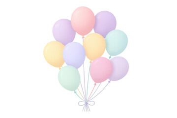 Pastel-colored balloons floating together, strings intertwined, creating festive backdrop for celebrations, birthdays, party decor against transparent background