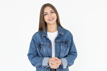 Close-up portrait of young woman casual portrait in positive view, big smile, beautiful model posing in studio over white background.