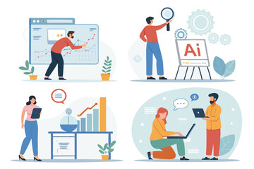 Search Concept Set with People Using AI Tools for Web Browsing and SEO. Modern Flat Vector Illustrations of Artificial Intelligence and Internet Search Technology.

