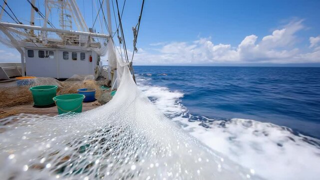 Aerial footage of an overfished ocean net capturing bycatch and undersized fish.
