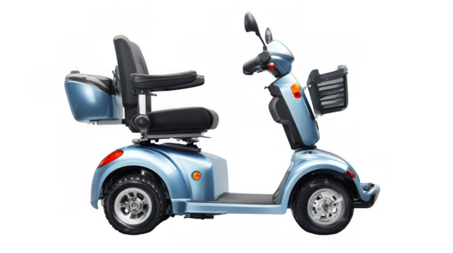Modern light blue mobility scooter featuring a comfortable seat, storage compartment, and front basket, enhancing independence for elderly or disabled individuals