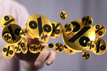 3D render of gold percentage symbols floating around a hand, ideal for finance, discount, and sale...