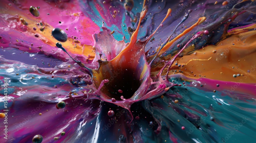 Poster dynamic splash of colorful paint droplets abstract studio digital artwork vibrant environment close-